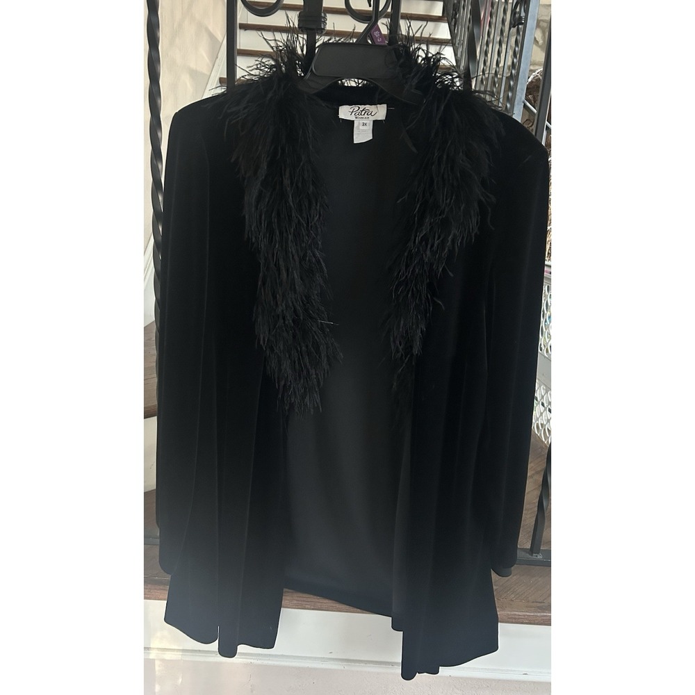 Vintage Patra Woman 3X Coatigan Cardigan Velvet Ostrich Trim Black